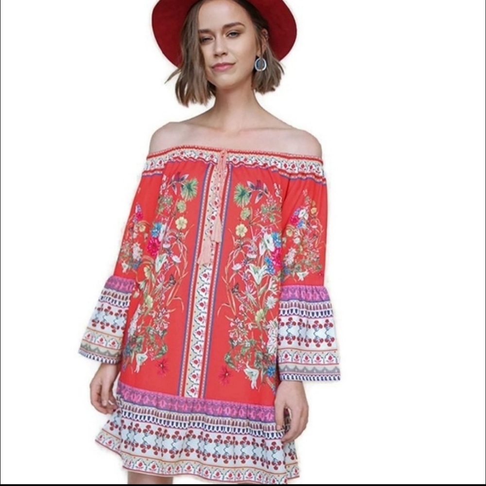 Umgee Floral Scarf Print Off Shoulder Dress